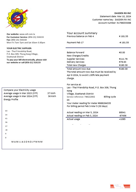 Laos Electricite du Laos electricity business utility bill template in Word and PDF formats